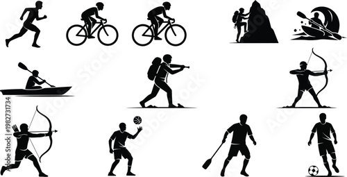 A collection of black silhouettes depicting various sports and outdoor activities on a white background