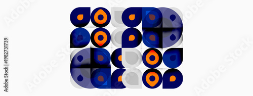 Geometric pattern features colorful circles, squares. Overlapping shapes create playful, modern aesthetic. White background emphasizes design.