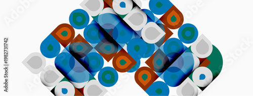 Abstract geometric pattern. Overlapping circles, squares create dynamic composition. Colors include blue, green, brown, white. Modern design.