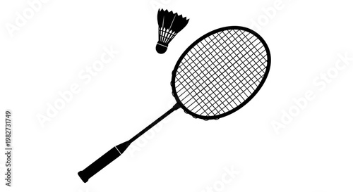 Black and white illustration of a badminton racket and shuttlecock