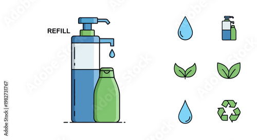 Eco-friendly refillable soap dispenser with leaves and water drops icons