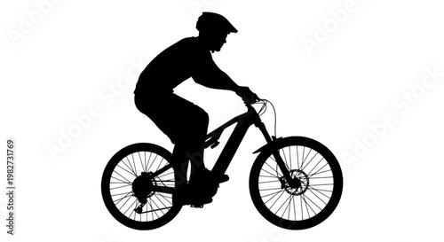 Silhouette of a cyclist riding a mountain bike against white background