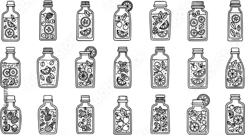 Black and White Line Art of Various Fruit Infused Water Bottles, Healthy Drinks Collection
