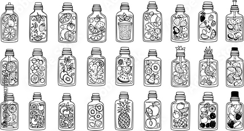 Black and White Line Art of Assorted Fruit Infused Water Bottles, Healthy Drinks