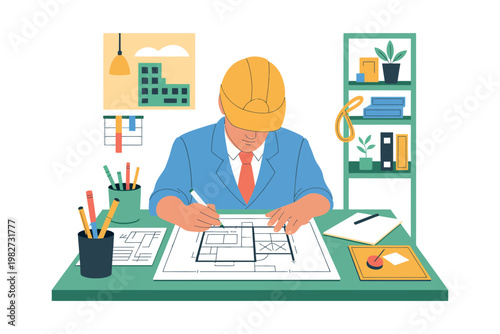 An architect in a blue suit and yellow hard hat works on a building design at a green desk with various office supplies.