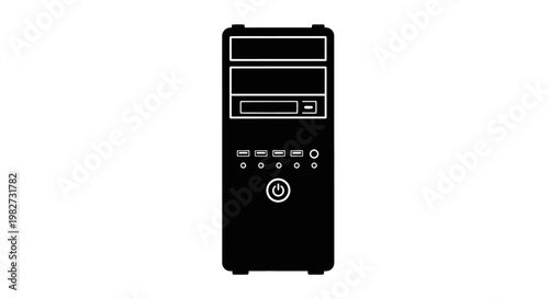 Black silhouette of a desktop computer tower with front panel details