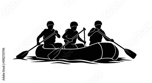 Silhouette of four rafters paddling a raft on water