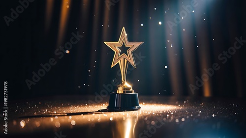 Golden star trophy award on stage with spotlight and sparkling background