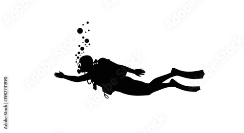 Silhouette of a scuba diver swimming underwater with bubbles rising