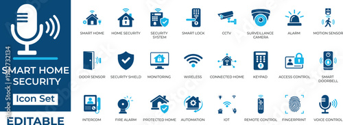 Smart home security and automation vector icon set. Editable flat UI elements for CCTV, IoT, alarms, and smart house technology.