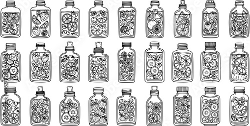 Black  White Line Art Hand-drawn Fruit Infused Water Bottles Collection for Healthy Food  Drink and Wellness Lifestyle. Detox Beverages Vector Set.