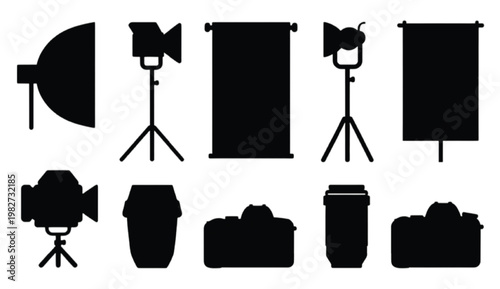 Photography studio setup silhouette collection featuring softbox light camera stand backdrop reflector lens and shooting equipment