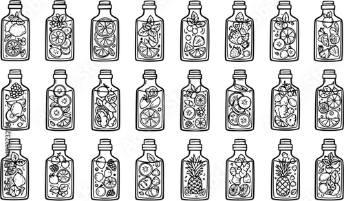 Black and White Line Art Collection of Healthy Fruit and Herb Infused Water Bottles. Food  Drink Doodle Icons for Wellness  Beverage Industry.