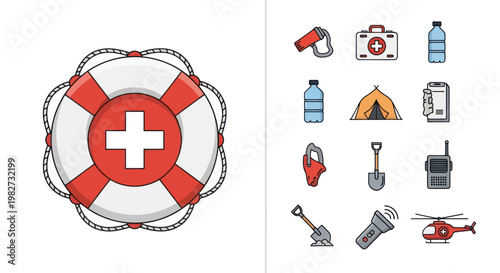 Lifebuoy and Survival Kit Icons: Safety, Emergency, Rescue Gear