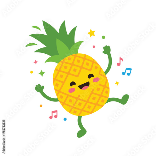 Happy Dancing Pineapple Cartoon Character with Music Notes and Confetti