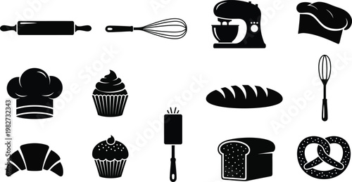 A collection of black and white icons depicting various baking tools and treats on a clean white background