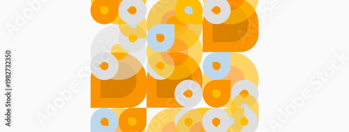 Abstract shapes overlap, creating warm color palette. Circles, squares, rectangles form playful composition. Minimalist design, modern aesthetic.