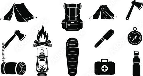A collection of black and white camping icons on a clean white background
