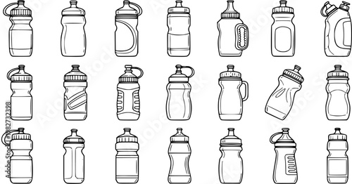 Black and White Line Art Set of Various Sports Water Bottles for Fitness and Hydration Lifestyle