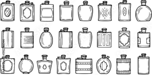 Black and White Line Art Collection of Assorted Flasks and Bottles, Vector Illustration