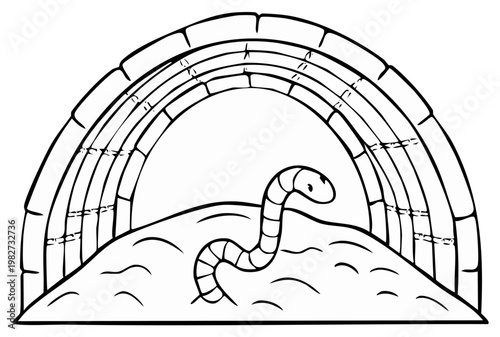 Cartoon worm crawls under a brick arched structure