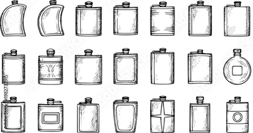 Hand Drawn Black and White Line Art Set of Various Hip Flasks and Alcohol Bottles. Vintage Sketch Collection of Drink Containers for Travel and Beverages.