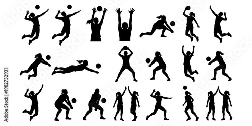 Volleyball player silhouettes set showing dynamic actions like jump, spike, and serve. Clean black vector isolated on white, perfect for sports design.