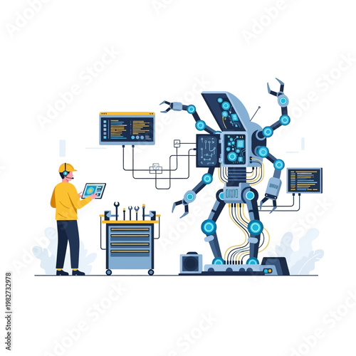 Engineer controlling a large robotic arm with tablet, futuristic technology concept