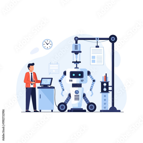Engineer Assembling Robot in Futuristic Laboratory, Innovation and Technology Concept
