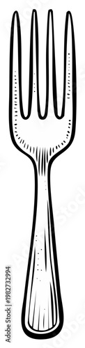 Detailed Fork Illustration, Black and White Utensil Drawing, Single Serving Dinnerware