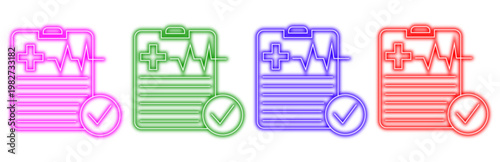 set of colorful neon medical clipboard icons with heartbeat pulse line electrocardiogram and checkmark for healthcare and medical concepts