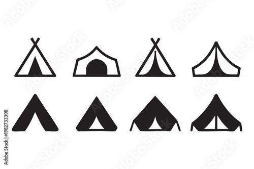 Outdoor Shelter Icons Featuring Camping Tents for Hiking and Tourism
