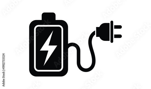 Black and white icon of a battery with a lightning bolt and a plug, symbolizing charging and energy, isolated on white background.