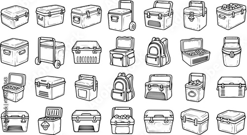 Vector Set of Black and White Line Art Coolers and Backpacks for Outdoor and Travel