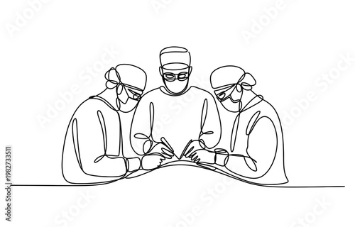 Continuous line drawing of a team of surgeons performing an operation