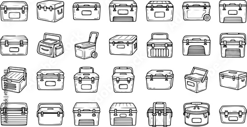 Camping and Outdoor Coolers Line Art Icons Set - Hand-drawn Portable Ice Chests for Picnic, Fishing, Travel, and Food Storage