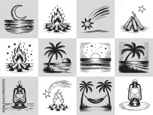 IMAGE 1
Title: Outdoor camping and tropical night scene engraving icon set for adventure travel branding, nature tourism, and wilderness lifestyle design