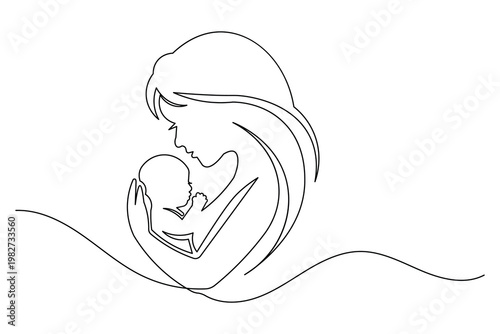 Continuous line drawing of mother holding infant isolated graphic