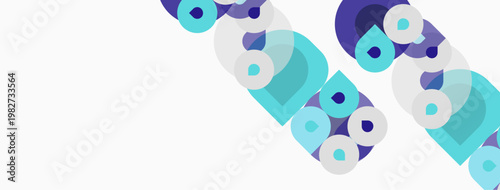Abstract geometric shapes, circles, squares, diagonal pattern. Blue, purple hues dominate white background. Minimalist design.