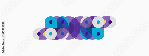 Abstract composition featuring overlapping circles. Purple, blue hues dominate design. Minimalist style, clean background present.