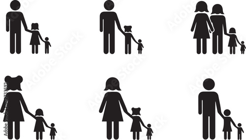 Family icon set diverse representations of parents and children in silhouette