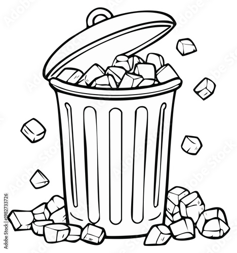 Lined Drawing of an Overflowing Trash Can with Cubes Scattered Around