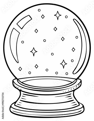 Crystal ball illustration with stars for fortunes and future telling in black and white drawing style