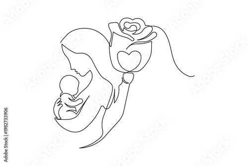 Minimalist maternal love icon with rose blossom one line illustration