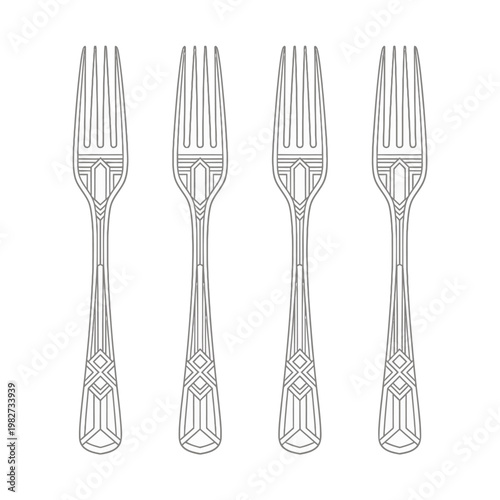 Outline set of four forks with art deco details and geometric patterns, simple line art, graphic element