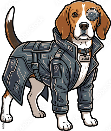 Pixel art beagle dog wearing a detective coat and monocle, standing alert, for digital art and character design