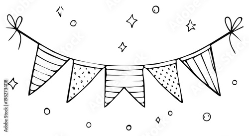 Hand drawn festive party bunting flags with stars and confetti illustration