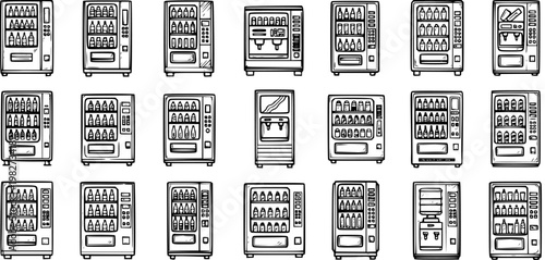 Food and Drink Vending Machines Hand-drawn Black and White Line Art Collection. Automatic Snack, Beverage, and Coffee Dispensers Vector Icons Set.