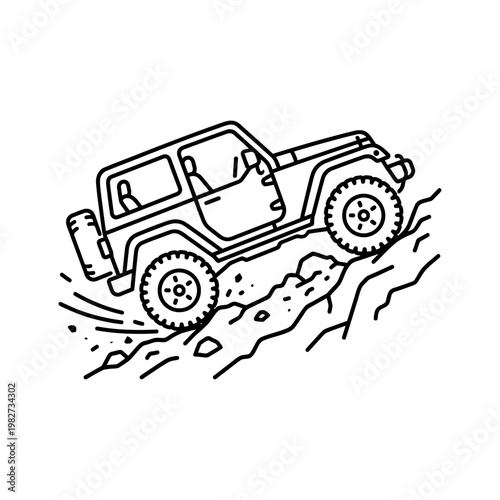 offroad car 4x4 climbing hill icon, white stroke outline, black background, dynamic off-road illustration, minimal style