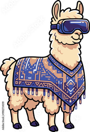 Pixel art llama wearing virtual reality goggles and a colorful patterned poncho, isolated on a plain background